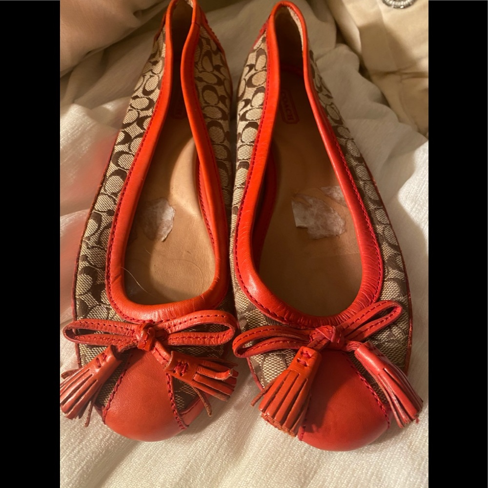 Coach Brown Logo & Red Leather Trim Flats - 7.5